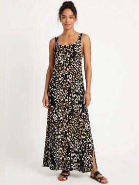 Crimson & Clover Leopard Print Maxi Dress - Button Back & Side Slit - Size S